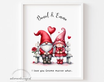 Valentines print, valentines couple print, love you gnome matter what| personalised gift, love wall art decor, first valentines cute couple