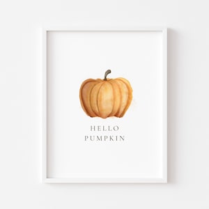 May include: A watercolour painting of an orange pumpkin with the text "HELLO PUMPKIN" underneath.