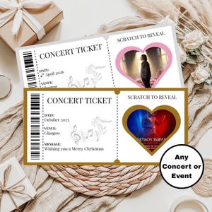 May include: Two concert tickets. One has a pink heart with a photo, the other a gold heart. Both say "CONCERT TICKET" and have the venue "Glasgow". Dates are April 2026 and October 2025. One ticket has the message "Wishing you a Merry Christmas".