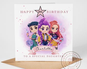 Personalised k-pop birthday card for daughter, granddaughter, any age, any recipient, 5th 6th 7th 8th 9th birthday, k-pop demon hunters