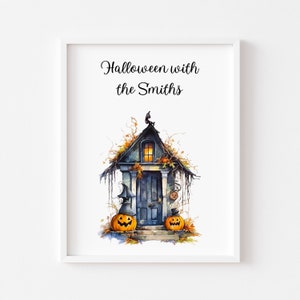 Halloween prints, personalised Halloween door Family halloween home decor, spooky homehaunted house pumpkins, watercolour wall art image 1