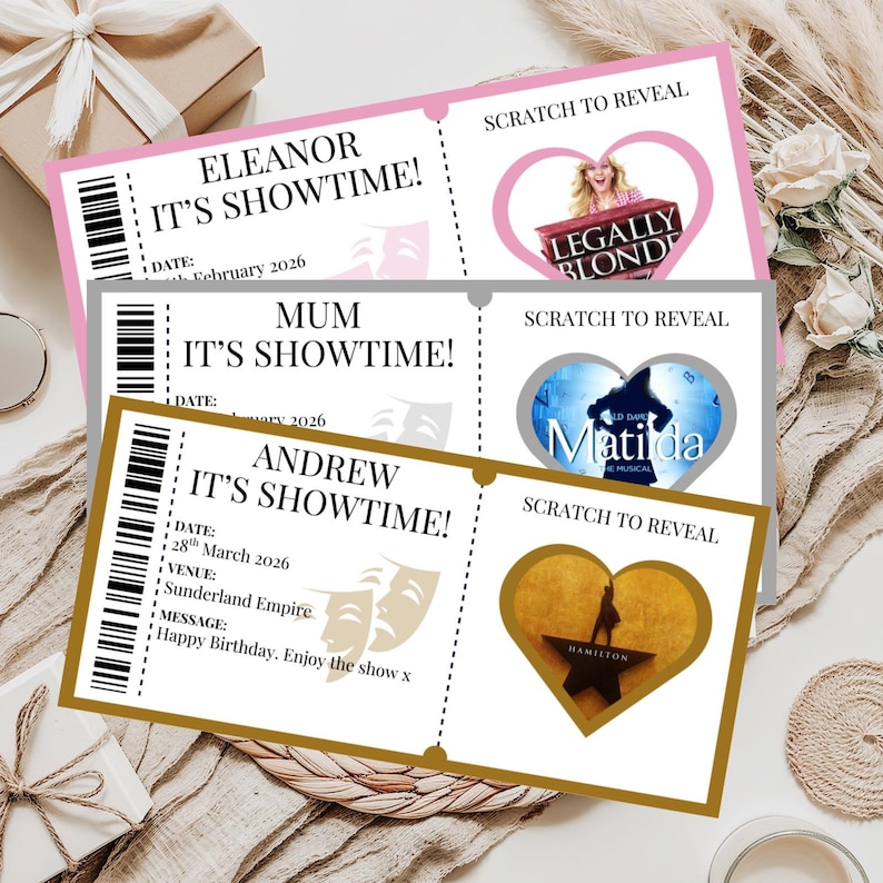 Personalised theatre ticket scratch card reveal, Surprise scratch reveal showtime ticket, scratch reveal for a surprise gift, concert, panto bild 2