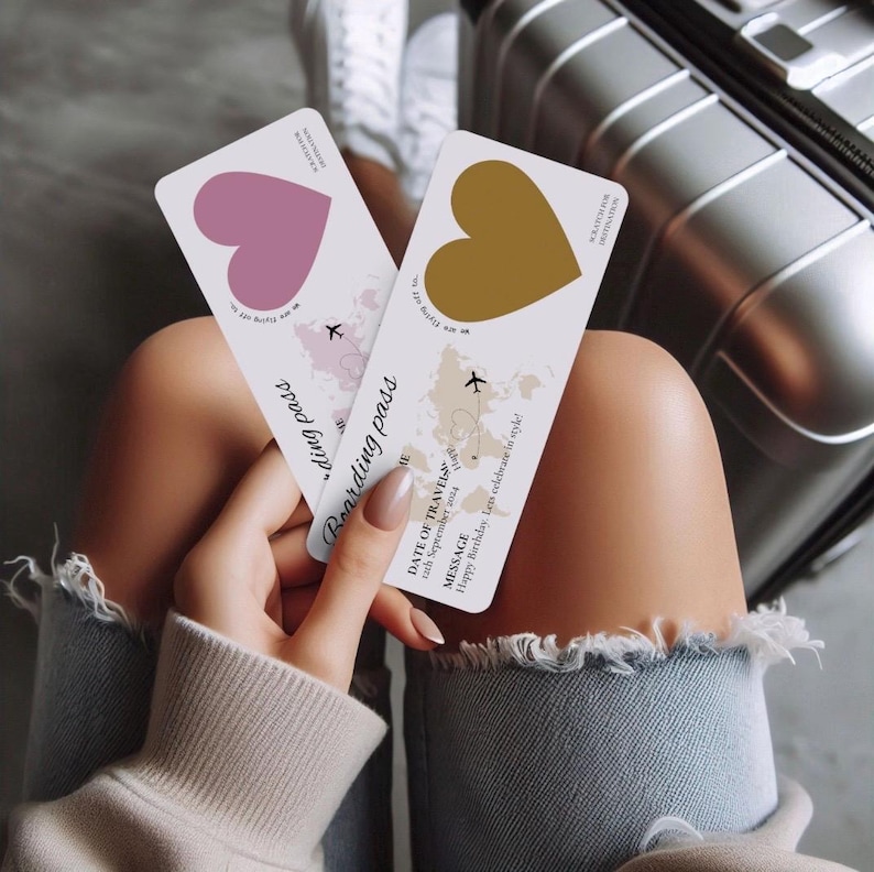 May include: Two boarding passes with heart-shaped designs, one pink and one gold, held in front of a person's legs. The passes have a world map and airplane graphic. Text includes "Boarding pass" and "Happy Birthday. Let's celebrate in style!"
