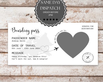 Personalised scratch reveal boarding pass, scratch reveal for a surprise holiday destination, fake pass ticket for birthday gift