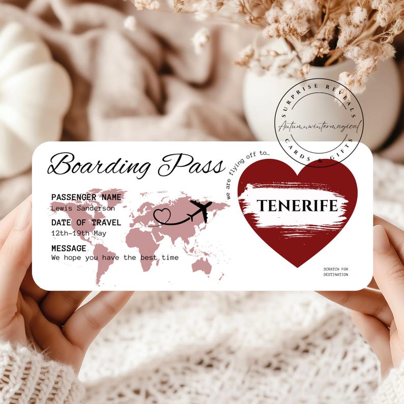 May include: A white boarding pass with the text "Boarding Pass" and a world map design. The destination is Tenerife, indicated within a red heart. The pass includes the passenger's name, travel dates, and a message.