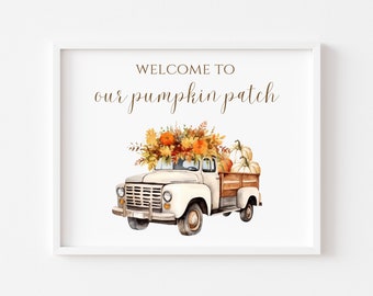 welcome to our pumpkin patch print, pumpkin floral truck, autumn wall art, cosy home accessories, fall autumn decorations, watercolour