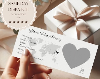 Hen do scratch reveal boarding pass, scratch reveal for a surprise holiday destination, fake pass ticket for bride to be, personalised