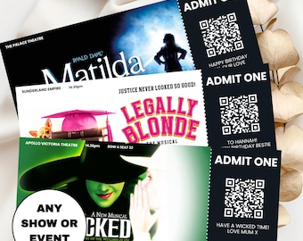 Personalised theatre ticket reveal, surprise birthday gift, showtime concert event ticket, any show, musical event voucher for Christmas