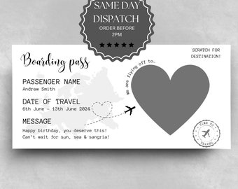 Personalised scratch reveal boarding pass, scratch reveal for a surprise holiday destination, fake pass ticket for birthday gift