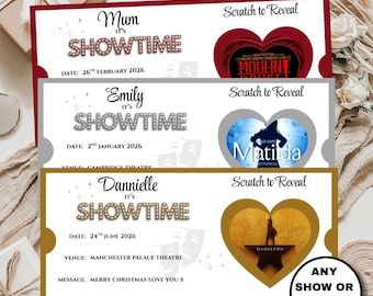 Personalised theatre ticket scratch card reveal, Surprise scratch reveal showtime ticket, Christmas scratch reveal for a surprise gift