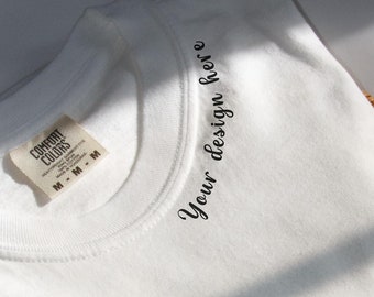 Close-up T-shirt Mockup Comfort Colors White Folded Mockup Collar Detail Mockup Neckline Mockup C1717 Tee Flatlay Mock Tshirt White Flatlay