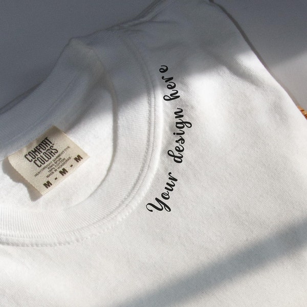 Close-up T-shirt Mockup Comfort Colors White Folded Mockup Collar Detail Mockup Neckline Mockup C1717 Tee Flatlay Mock Tshirt White Flatlay