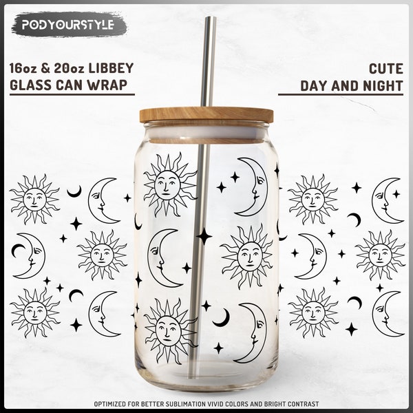 Day and Night 16oz Libbey Glass Can Wrap, Glass Can Full Wrap, Sun and Moon, Coffee Glass Can, Celestial Tumbler, Instant Download, C8U