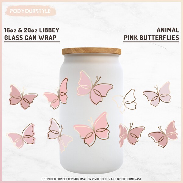 Butterflies 16oz Libbey Glass Can Wrap, Golden Sweety Butterflies, Full Wrap PNG, SVG for Cricut, Powder Pink Design, Digital Download, 9KO