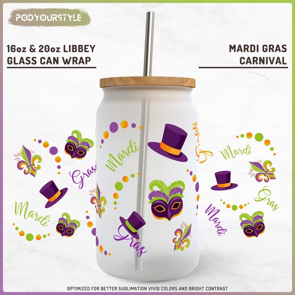 Mardi Gras Carnival 16oz Libbey Glass, Mardi Gras Clipart, Carnival Vibes, 16oz Frosted Can, Coffee Glass Can, Fleur De Lis, Digitaal Product