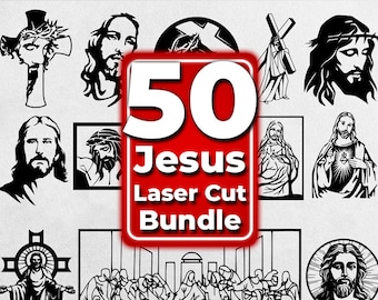 May include: A digital download of 50 black and white vector illustrations of Jesus Christ. The illustrations include various depictions of Jesus, including Jesus on the cross, Jesus with a crown of thorns, and Jesus with a heart. The text "50 Jesus Laser Cut Bundle" is displayed in red.