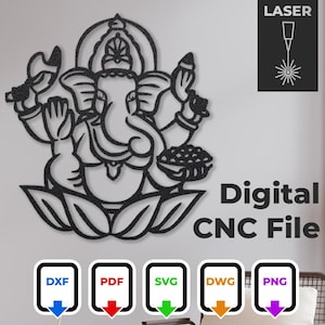 May include: Black and white digital file of the Hindu deity Ganesha, sitting in a lotus position. The file is available in DXF, PDF, SVG, DWG, and PNG formats. Digital CNC File.