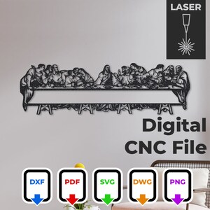 Puede incluir: Archivo digital en blanco y negro de La Última Cena, una famosa pintura de Leonardo da Vinci. El archivo está disponible en los formatos DXF, PDF, SVG, DWG y PNG. Archivo CNC digital. LASER.