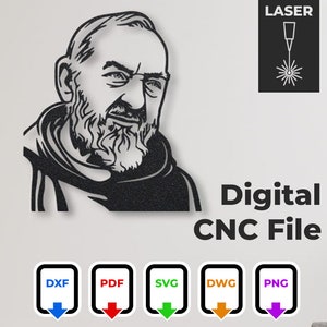 Può includere: Arte da parete in metallo nero raffigurante un ritratto di un uomo barbuto con un abito con cappuccio. L'immagine include il testo "Digital CNC File" e icone per i formati di file DXF, PDF, SVG, DWG e PNG. È presente anche un simbolo di taglio laser.