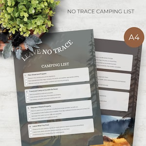 May include: A4-sized camping list titled "Leave No Trace Camping List." The list includes guidelines for planning, durable surfaces, waste disposal, and preserving the environment. The design features a nature-themed background with text in a clean, readable font.