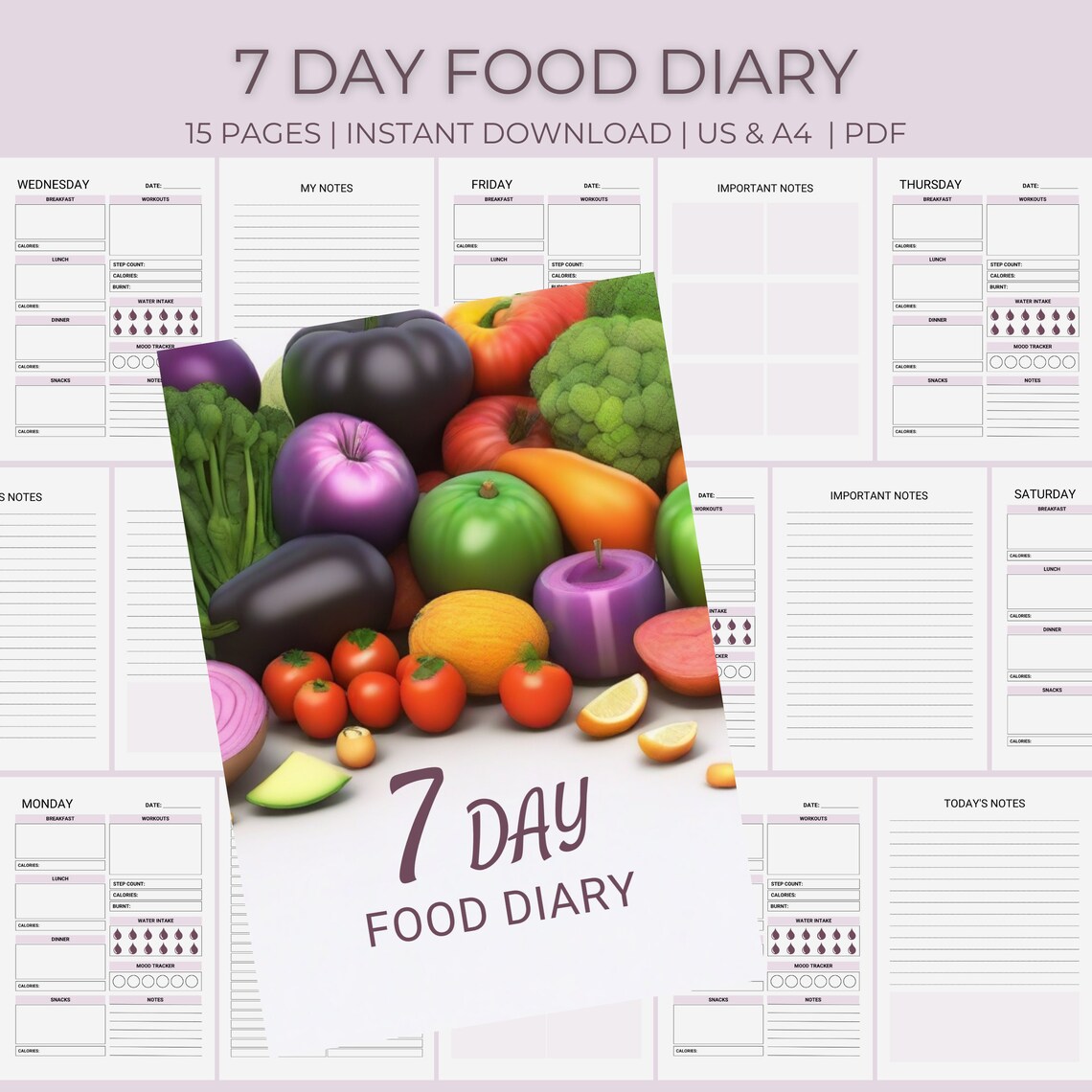 7 Day Food Diary Printable, Calorie Tracker, Instant Download, Daily ...