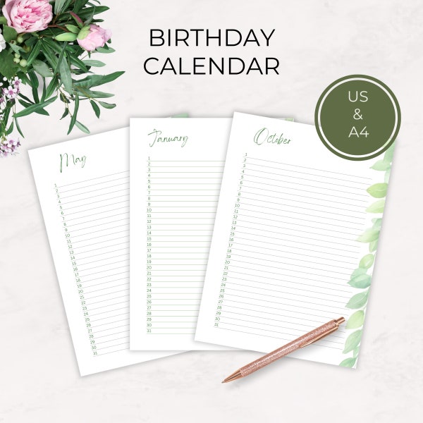Perpetual Birthday Calendar Instant Download, Anniversary Reminder A4 US Letter, Geburtstagskalender, Birthday List