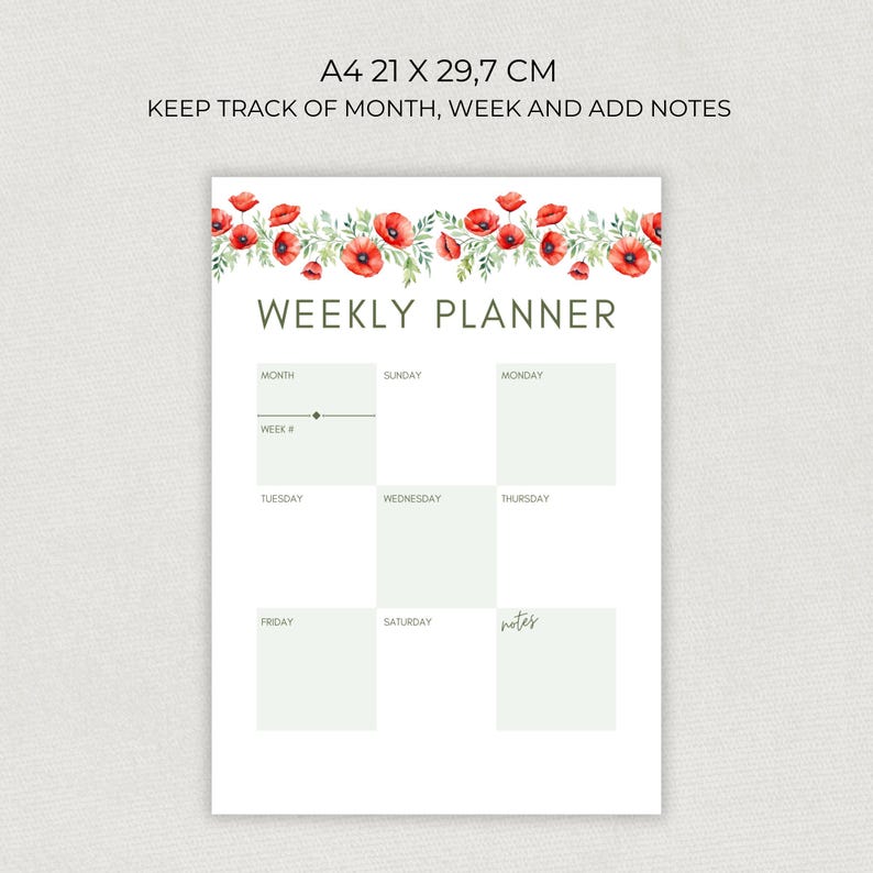 Poppy Flower Weekly Planner: A4 Printable PDF (monday Start, Student ...