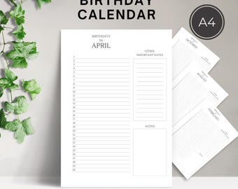 Perpetual Birthday Calendar Printable, Never Forget Birthdays, A4 Wall Planner PDF