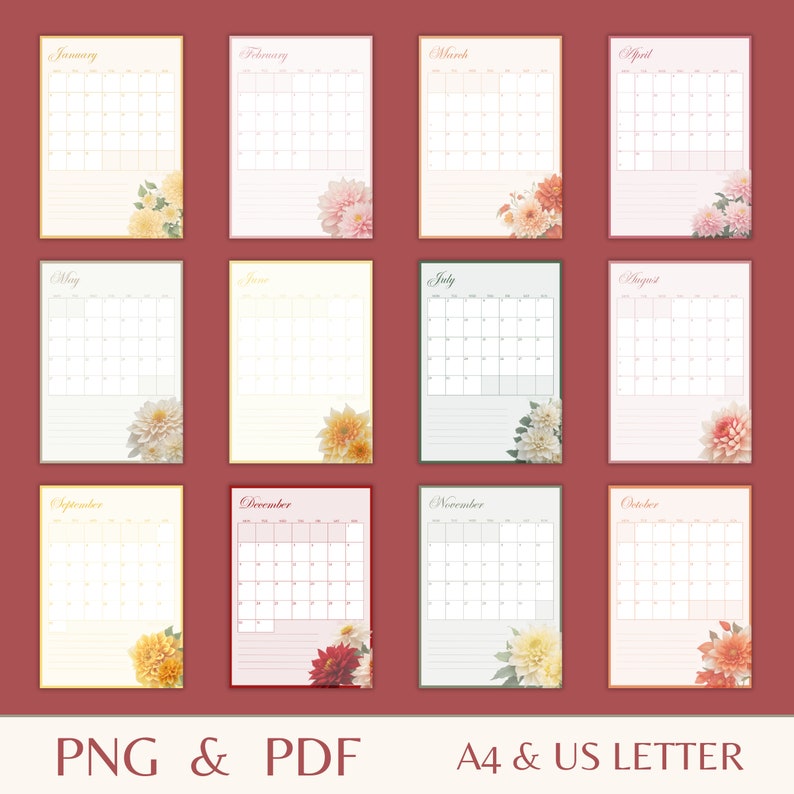 2024 Printable Dahlia Calendar Colorful Wall Planner Instant Etsy
