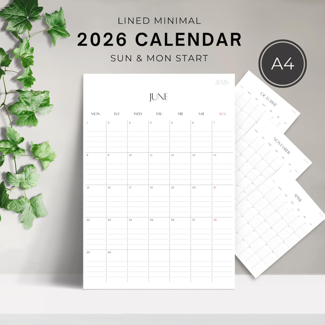 Lined 2026 Planner, Printable Calendar PDF, A4 Size, Monday and Sunday ...