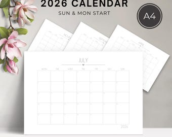 May include: A stack of white 2026 calendars with a minimalist design. The July calendar is in focus, with the text "PLAIN HEART 2026 CALENDAR SUN & MON START" at the top. A4 size is indicated. Pink flowers are in the background.