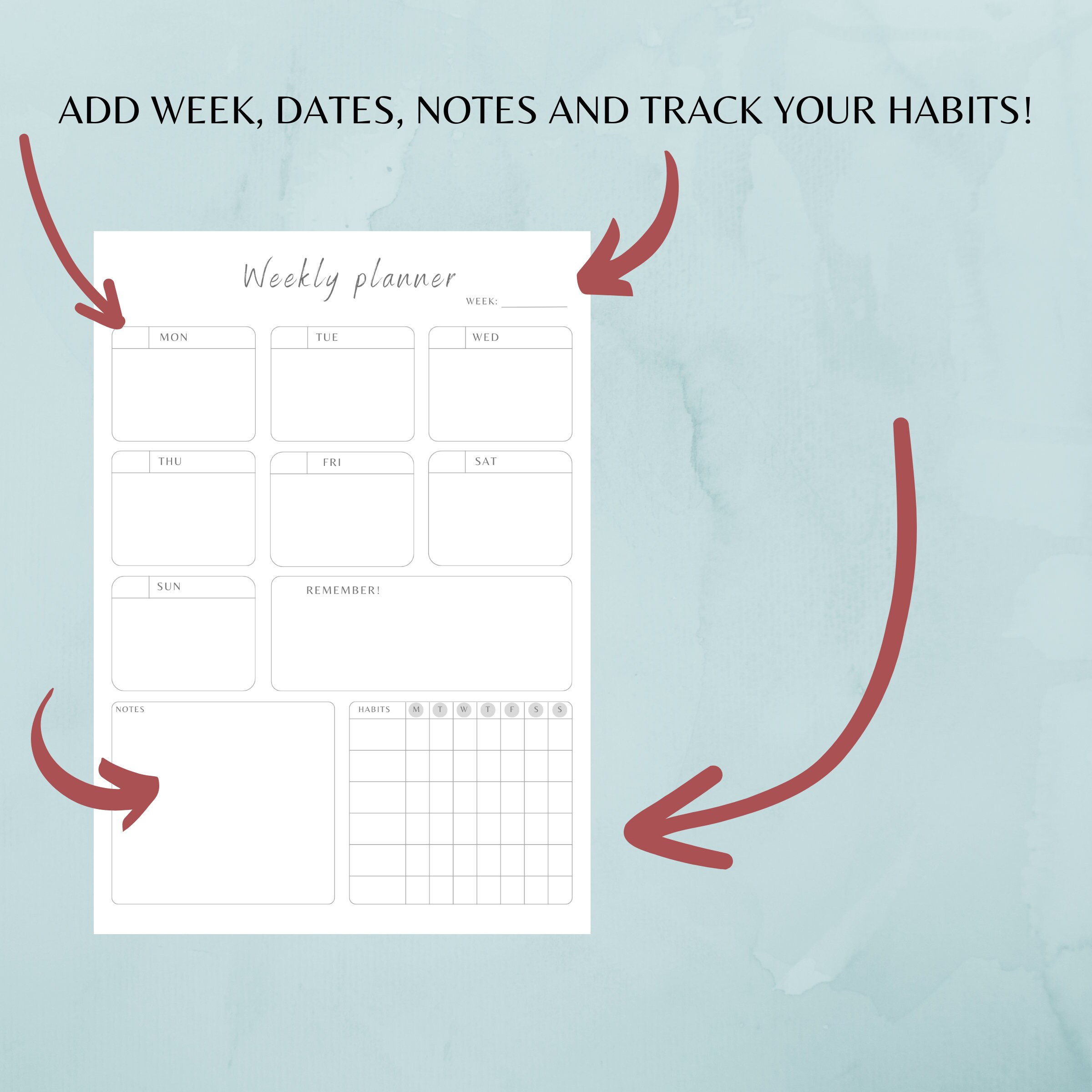 Weekly Planner Printable: Undated Organizer, A4 A5 US Letter (PDF & PNG ...