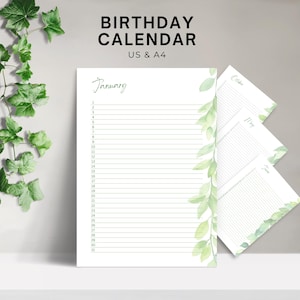 Perpetual Birthday Calendar Instant Download, Anniversary Reminder A4 US Letter, Geburtstagskalender, Birthday List