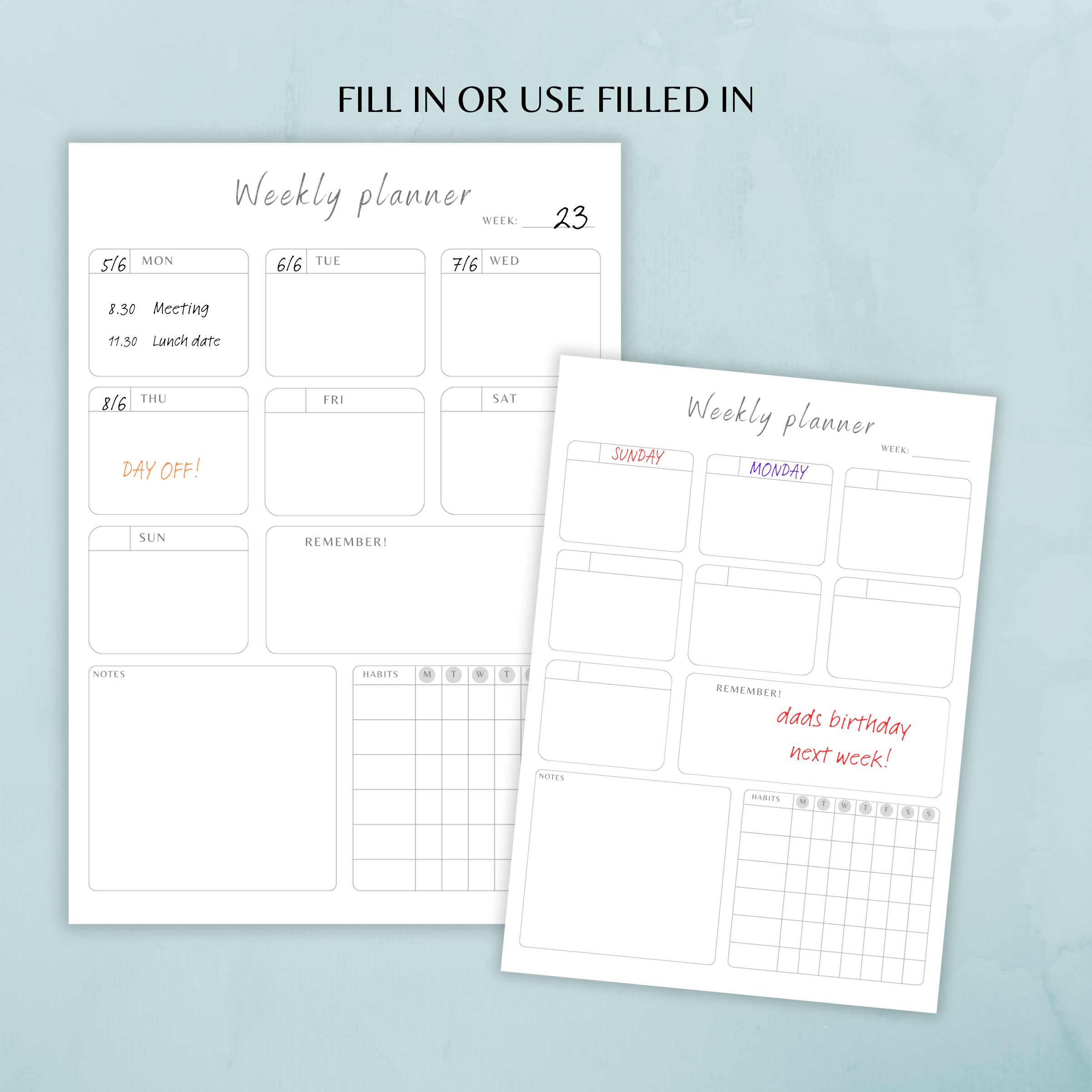 Weekly Planner Printable: Undated Organizer, A4 A5 US Letter (PDF & PNG ...