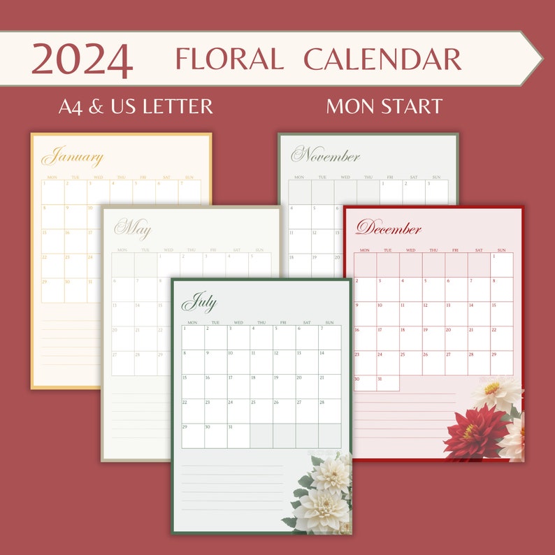 2024 Printable Dahlia Calendar Colorful Wall Planner Instant Etsy
