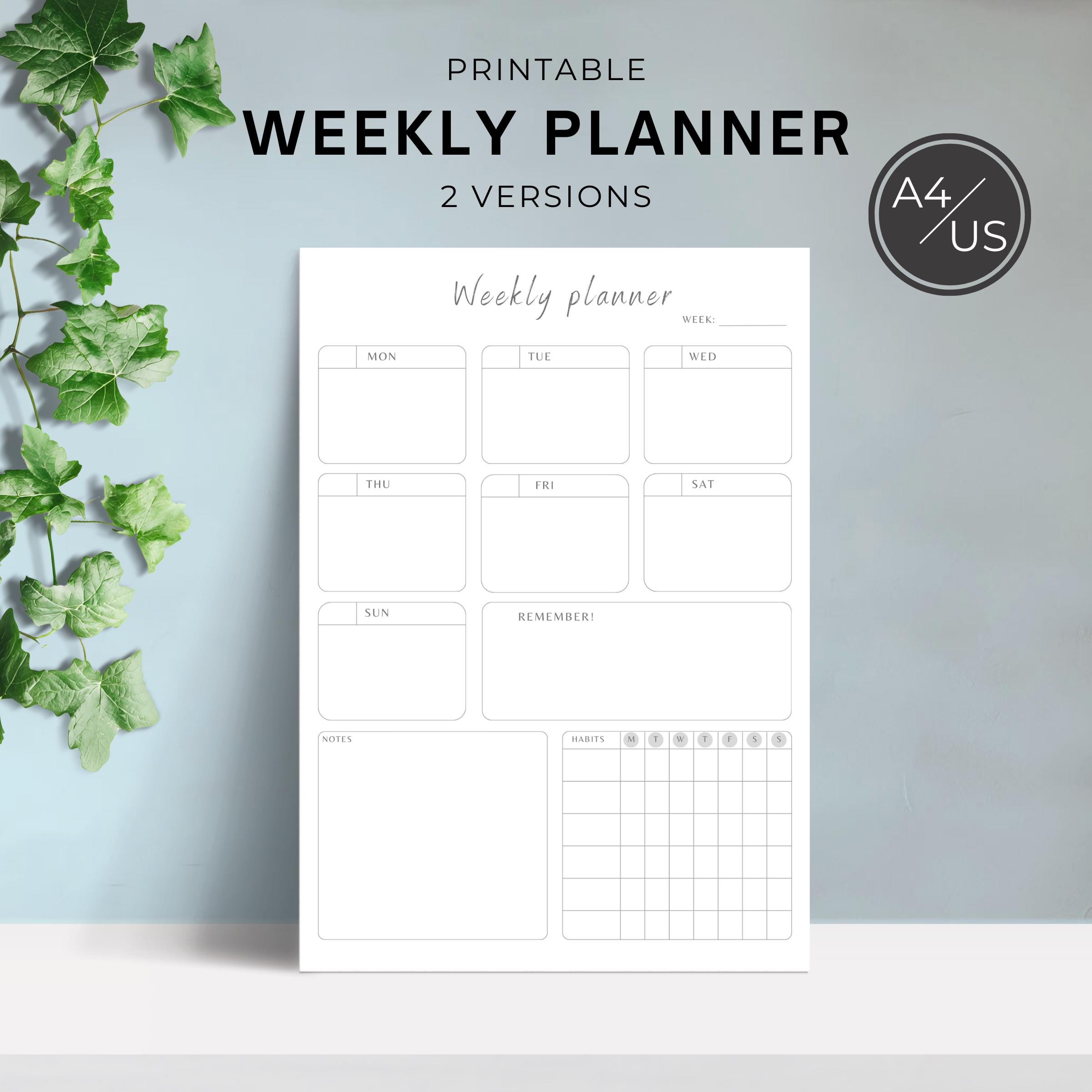 Weekly Planner Printable: Undated Organizer, A4 A5 US Letter (PDF & PNG ...