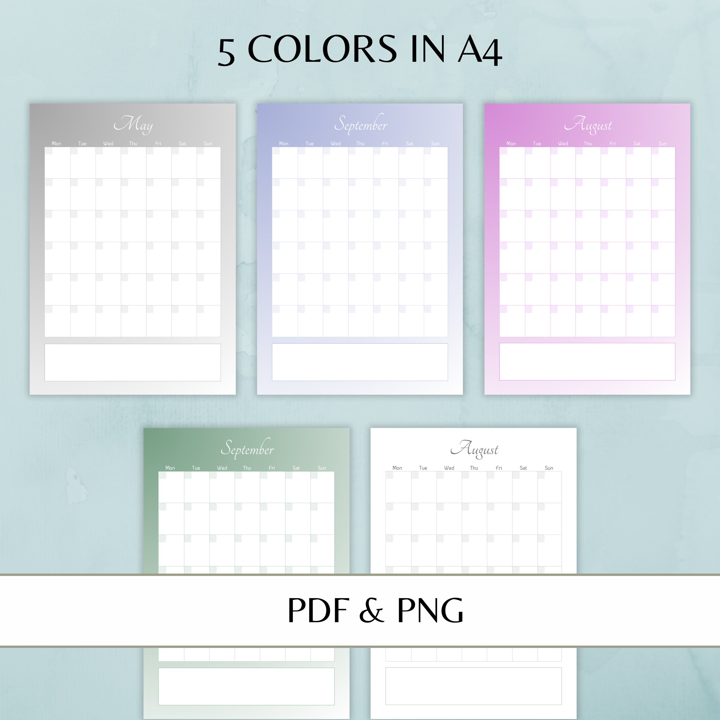 A4 Size Blank Calendar Printable, Undated Monthly Planner, 5 Color ...