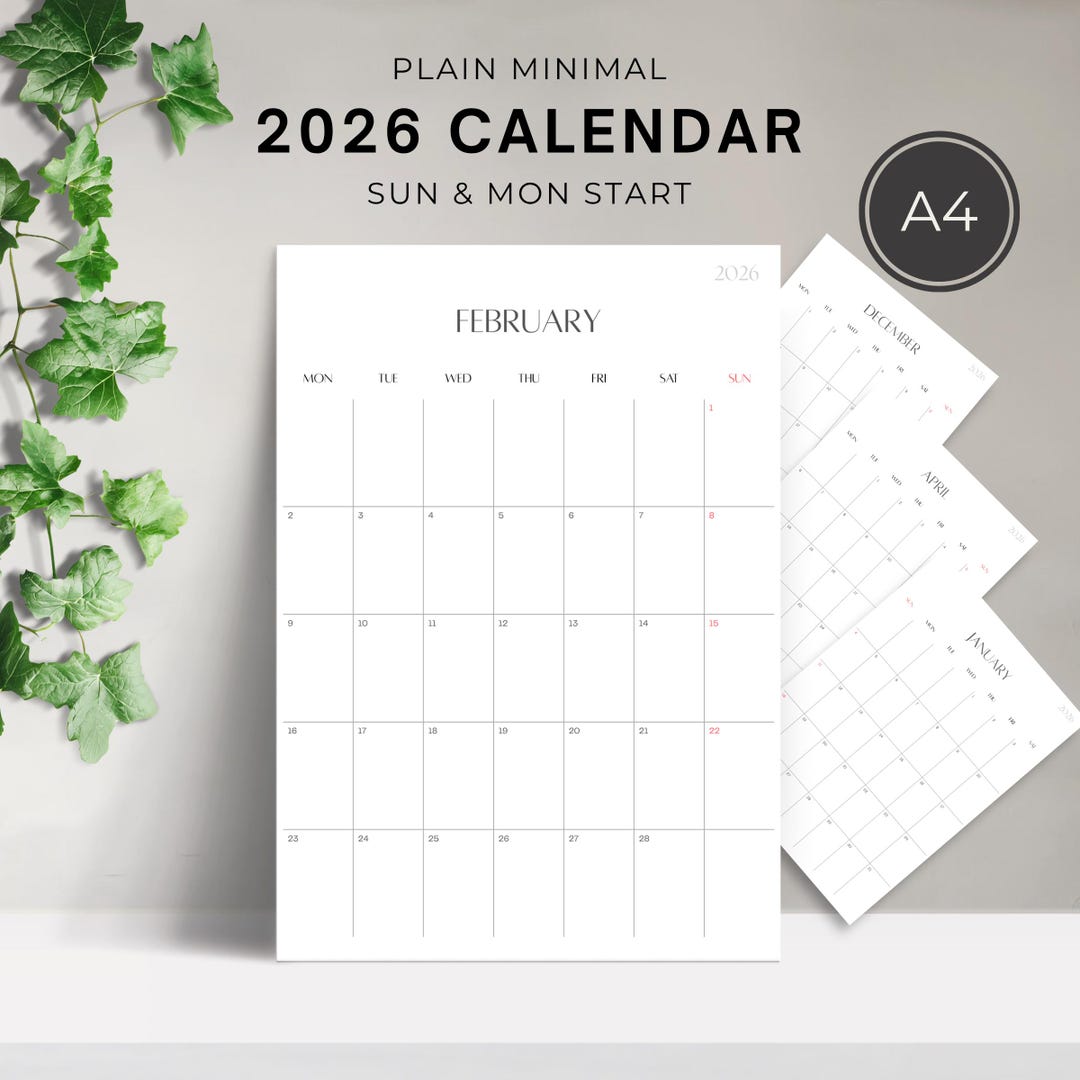 Minimalist 2026 Planner, Printable Calendar PDF, Monday and Sunday ...