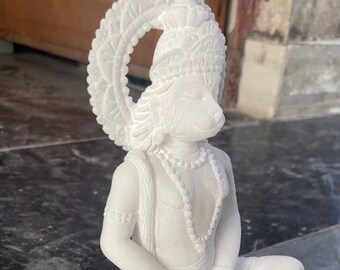 Meditating Hanuman Statue, Fine Art White Marble Idol, 17 cm
