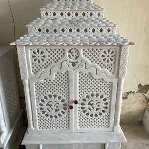 3 Feet Beautiful White Marble hand carved Temple with doors, Hindu Temple for home pooja, Marble Shrine