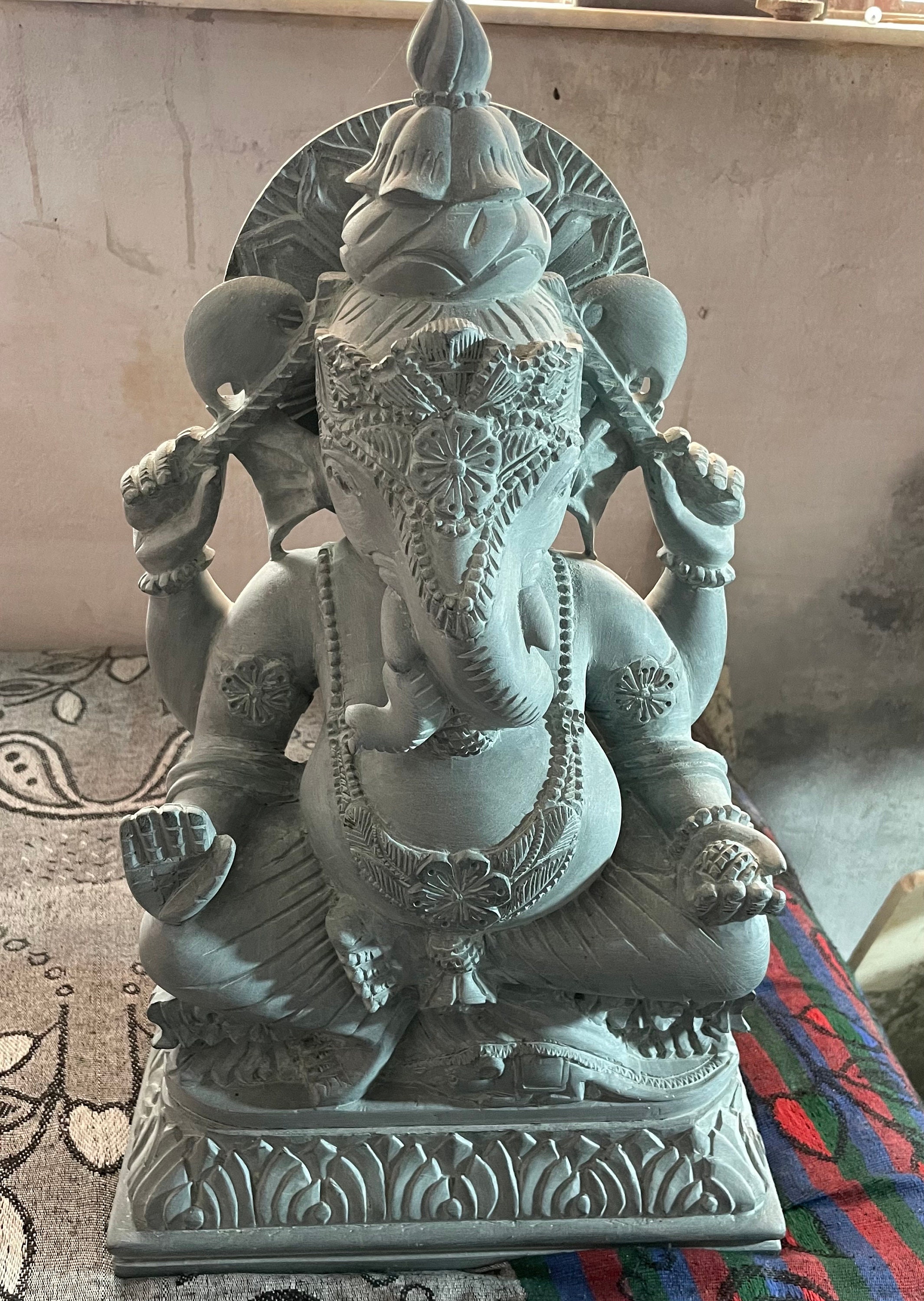 Hand Carved Large Size Lord Ganesha Statue 40cm, Green Marble