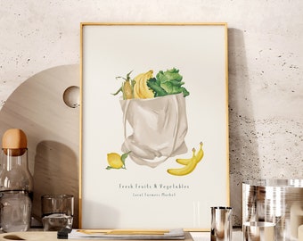 Shopping Bag Poster l Watercolor Kitchen Print l Minimal Food Art for Kitchen l Food and Drink Print l Modern Dining room wall art