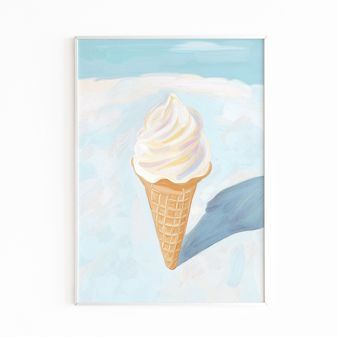Pastel Ice Cream Cone Art Light Blue Print Beachy Wall Art Summer