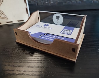 Tarjetero de madera cortada con láser y plexiglás - Grabado personalizado de su logotipo - Almacenamiento de oficina
