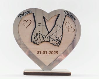 Corazón de plata San Valentín personalizado de madera, cortado a láser y grabado - Pieza decorativa con soporte - Regalo para parejas