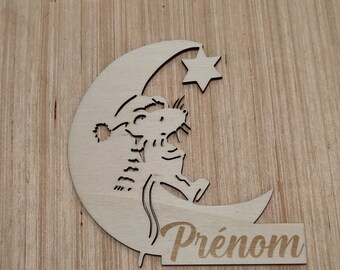 Decoración de pared de madera grabada con láser - Ratón y luna creciente - Habitación infantil con nombre personalizado