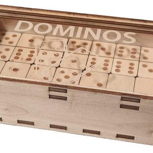 Dominospiel aus Holz und PMMA mit lasergeschnittener und gravierter Aufbewahrungsbox – 28 handgefertigte Teile – Brettspiele als Partygeschenk