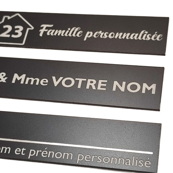 Plaque pour boîte au lettres personnalisée 10x2,5cm en ABS - Couleur Noir/Blanc - Plusieurs modèles - Numéro adresse nom et prénom