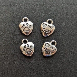 10 or 20 LOVE MY DOG Heart Paw Double Sided Silver Charm Pendant 13mm x 10 x 3mm