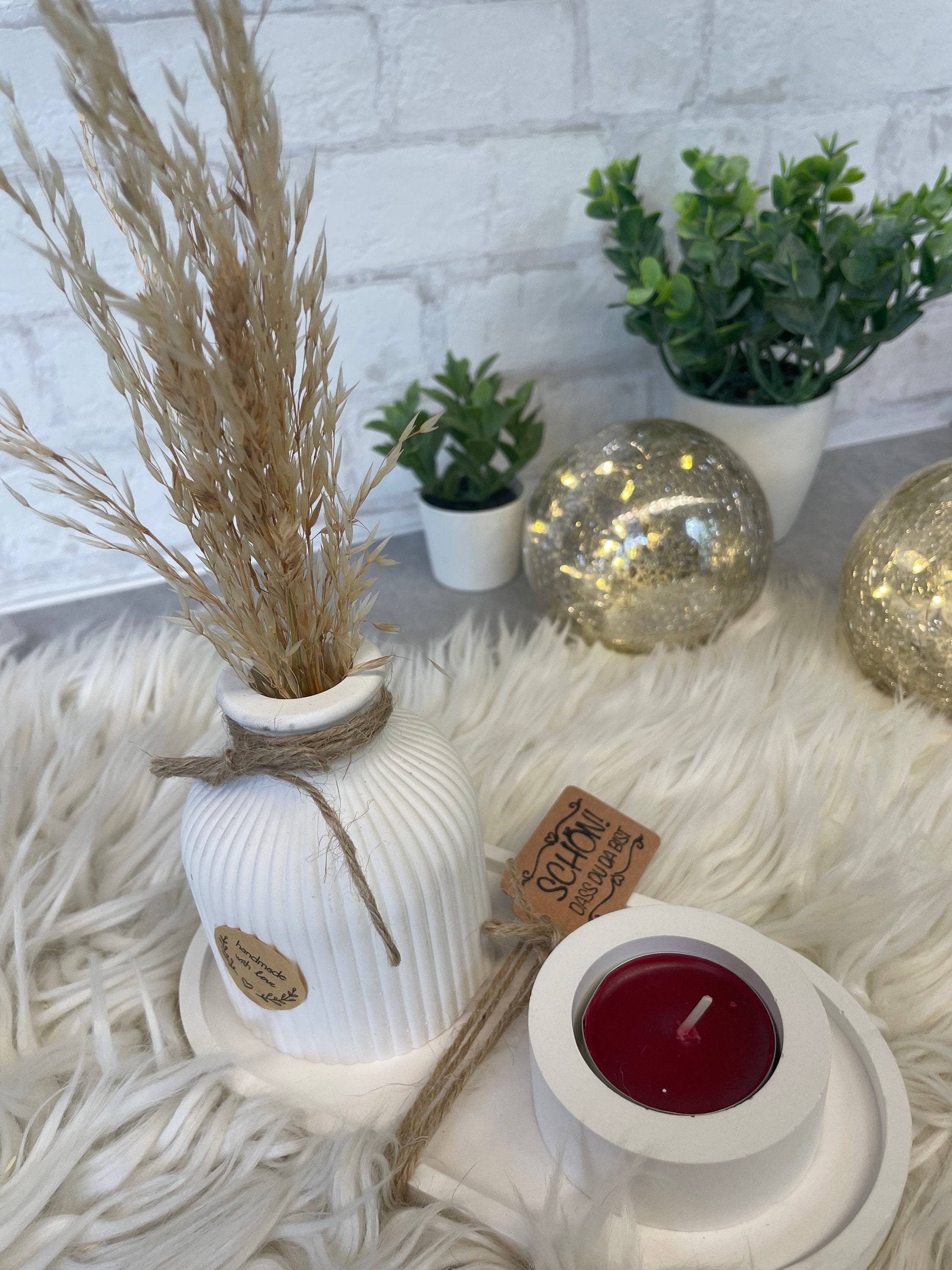 GILDE 6-teiliges Deko-Set Natur – Mit Teelichthaltern, Vase & Holztablett
